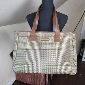Vintage Polo Ralph Lauren Plaid Canvas Leather Tote Bag Large Brown Preppy
